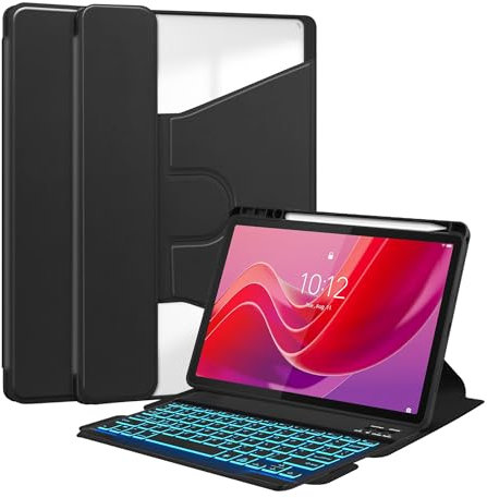 HLTOOP Funda con Teclado para Lenovo Tab M11 De 11 Pulgadas 2024 TB330FU, Contenerñ, Funda Giratoria De 360°, Teclado Bluetooth Retroiluminado De 7 Colores,Negro