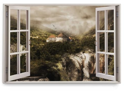 Paul Sinus Wandbild 120x80cm Fensterbild Berge Wasserfall Kloster Schloss Nebel Natur