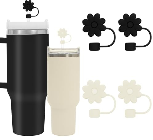 FOSFUKEER Lot de 4 bouchons de paille en silicone avec motif floral - Noir et blanc - Compatible avec les pailles Stanley - 10 mm - 1 cm, FS-S-01-04
