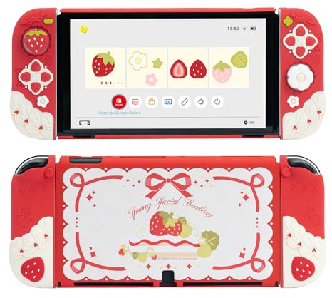 GeekShare Cover protettiva in silicone per Switch OLED, antigraffiti, sottile, compatibile con Switch OLED, cover protettiva separabile con 2 cover per filtro, fragole con panna