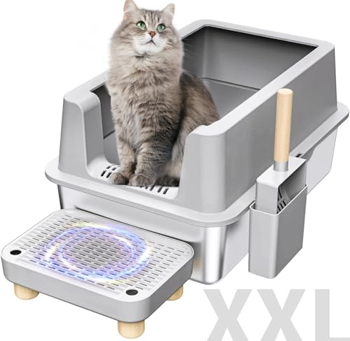 KMNSUN Katzenklo XXL, Extra großes Katzenklo Edelstahl mit hohem Rand, auslaufsicher, leicht zu reinigen, Antihaftbeschichtung, Pedal mit Holzfüßen (für kurzfüßige oder ältere Katzen)-Grau