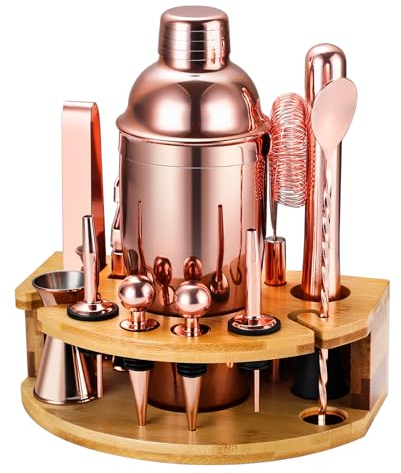 Kit Shaker à Cocktail avec Support, Kit Cocktail 12 Pièces en Acier Inoxydable avec Shaker Cocktail de 750ML Pilon Verre Doseur Cocktail, Machine à Cocktail Set pour Bar à Domicile, Fête (Or Rose)