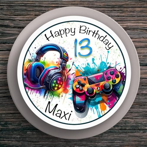 Tortenaufleger Geburtstag Gamer Controller, HeadSet Personalisiert #3 Name & Zahl (20cm) Fondant Papier