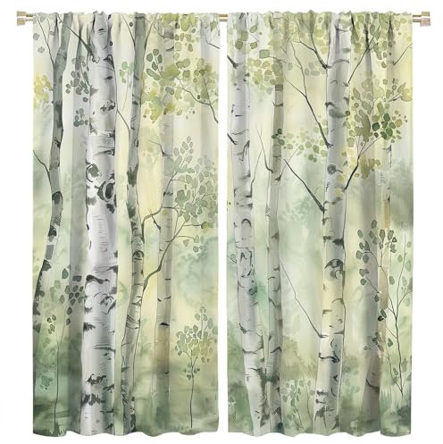 FYFMUSHE Verdunkelungsvorhänge im Vintage-Stil, Waldmotiv, für Heimdekoration, bunt, rustikal, grün, Birkenbaum, Stangentasche, wärmeisoliert, für Schlafzimmer, Wohnzimmer, 107 x 115 cm (B x L)