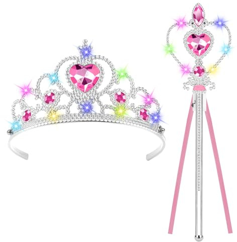 AOOTE Leuchtend Prinzessin Tiara Krone und Zauberstab, Princess Dress Up Zubehör mit LED Krone und Zauberstab, Prinzessin Krones und Zepter Set für Geburtstag Party, Cosplay,Fasching Party (Rosa)