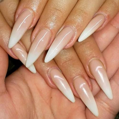 Long Stiletto Press On Nails - Gradient White Nude Pink Fake Nail Almond - Glossy Reusable French Tip False Nails With Glue - Full Cover Stick On Nails For Women Girls DIY Manicure Decoration