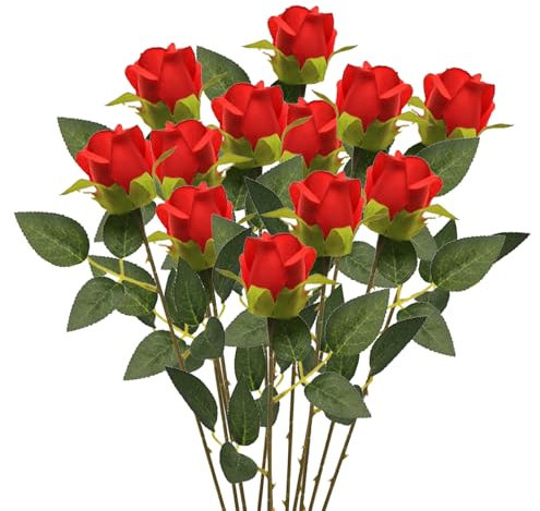 Polartreehome Lot de 12 roses artificielles en soie rouge - Bouquet simple à longue tige - Fleurs décoratives réalistes pour mariage, fête, bureau, décoration d'intérieur