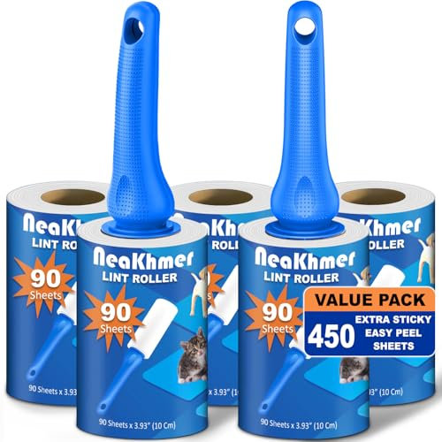 Fusselrolle für Tierhaare - 5er Pack mit 450 Blättern - Easy-Peel fusselrollen für Kleidung Sofa Möbel, Super Wertepack