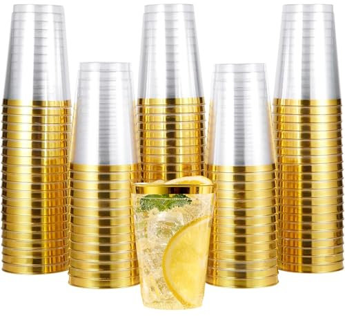 AUTOWNLUX Lot de 50 gobelets en plastique rigide avec bord doré, 360 ml, gobelets de fête, réutilisables, transparents, pour fête, mariage, anniversaire