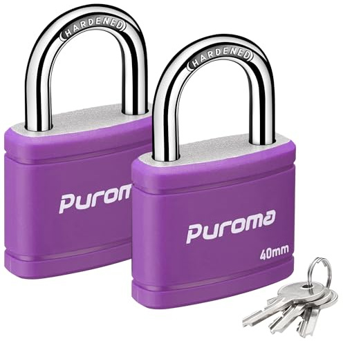 Puroma 2 Keyed Padlock with 3 Keys 7/8 School Locker Lock Gate 40mm Purple | For Gym Locker Gate Outdoor, Keyed Alike, Hardened Steel Shackle, Weather-resistant, Resist Cut & Pry, Multi-pin Cylinders
