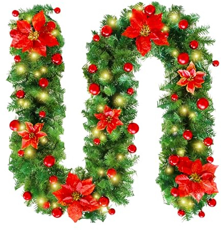 2,7 M/9FT Weihnachtsgirlande mit Beleuchtung, Weihnachtsdeko für Kamin, Treppe, Türgeländer, Fenster, Tannengirlande mit Lichterkette, Roten Blumen und Roten Beeren