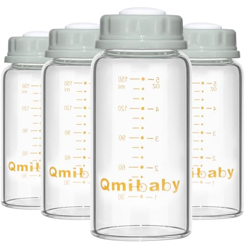 Qmibaby Natural Glass Baby Bottle 150ml 5oz Standard Neck Breast Milk Storage Bottles Compatible with Medela Breast Pumps for Breastmilk Storage Bottle BPA-Free 4 Pack (Grey, 150ml-4Packs)