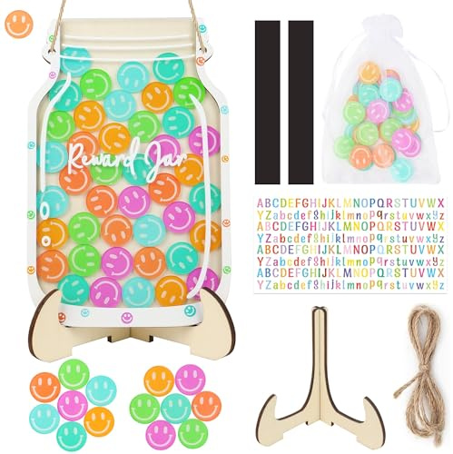 Magnetisches Belohnungsglas Kinder mit 42 Smileys & Buchstabenstickern – Belohnungssystem für Kinder, personalisiertes Motivationsglas für gutes Verhalten, Lehrerbedarf Grundschule & Zuhause