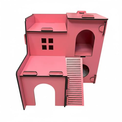 Jungengel Hamsterhaus, 2-stöckiges Holz-Nagerhaus mit Rampen und Höhlen, Weiß, Rosa, Braun, 23x21,5x21 cm, Stecksystem für Hamster und Mäuse (Rosa)