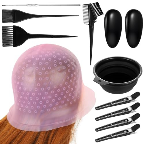 12 PcsHair Highlighting Cap and Hook Kit, Punched Hole Silicone Punch-free Hair Dye Caps, Hair Highlight Cap and Hook Kit, Professional Highlighter Caps, Inclu Hairs Clips/Palette/Ear masks, etc
