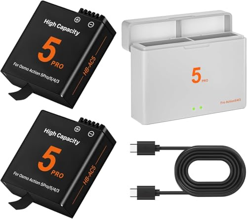 OHZHAO 2er-Pack 2800mAh für Osmo 360 Action 6/5 Pro/4/3 Akku-Ladegerät-Kit mit PD Fast Charge Akku-Ladegerät-Box Kompatibel mit DJI Osmo 360/Action 6/Action 5 Pro/Action 4/Action 3 Kameras