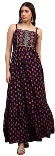 Globus Women's Ethnic Print Fit and Flare Maxi Dress with Embroidered Detail Square Neck and Shoulder Straps
