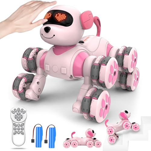 Charmofun Chien Robot Enfants, 8WD Robot Jouet Télécommandé, RC Programmable Chien, Jouet Intelligent Pet Danse Musique Cadeaux Créatifs pour Garçons et Filles 6+ Ans (Rose)