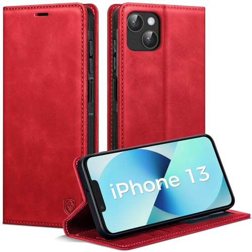 AIMOYU Handyhülle für iPhone 13 Hülle, Premium PU Leder Klapphülle Schutzhülle, Tasche Magnet Kartenfach Standfunktion Flip Case Hülle für iPhone 13, Rot