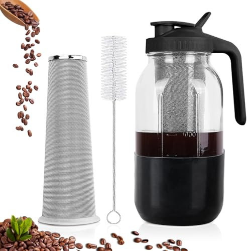 Cold Brew Coffee Maker,Mason Jar Pitcher with Stainless Steel Filter, Pour Spout Handle Lid, Heavy Duty Glass Airtight & Leak-Proof for Iced Coffee Tea (64oz Black with Protective Silicone Sleeve)