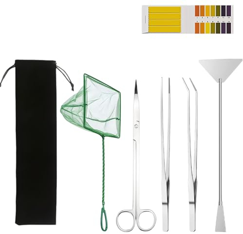 6 in 1 Aquascaping Tool Kit, Axolotl Tank Accessories for Cleaning | Algae Scraper - Stainless Steel Tweezers Scissors Spatula with Fishing Net and PH Pape for Glass Aquariums