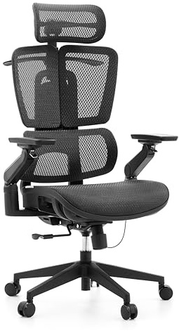 hjh OFFICE Bürostuhl Ergo U2 Pro3 – Profi Drehstuhl aus Nylon-Netz – Höhenverstellbare Lordosenstütze – Stufenlose Sitztiefenverstellung – 6D Armlehnen – Schwarz