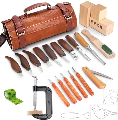 Holzschnitzwerkzeuge,27-teiliges Holzschnitzmesser-Set,Holzschnitzmesser-Werkzeugset für Anfänger mit PU-Ledertasche, feines Holzschnitzset für Heimwerker-Bildhauer und Holzbearbeitungsexperten