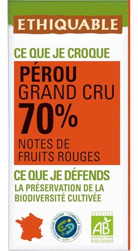 ETHIQUABLE - Chocolat Noir 70% Cacao Pérou Bio - Sans Lécithine - la tablette de 100g - Le Lot De 4