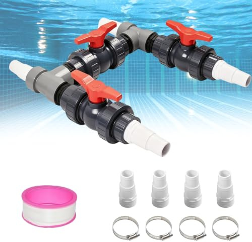 Kit by-Pass pour Piscine 50mm pour Pompe à Chaleur, Kit by-Pass Piscine avec Tuyaux 32mm & 38mm, 3 Robinets à Boisseau Sphérique, Raccords en T & Colliers INOX – Optimise Le Débit d'eau