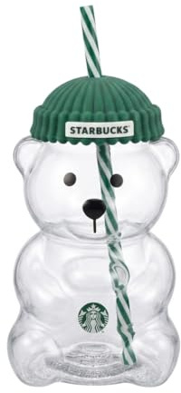 STARBUCKS Bearista Glass - Bicchiere in vetro a forma di orso, coperchio verde con motivo berretto verde, cannuccia a righe