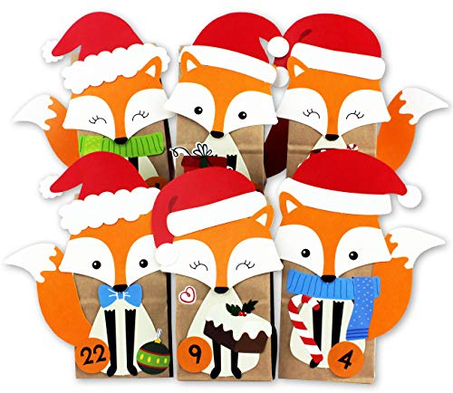 Papierdrachen DIY Adventskalender 2024 - Kraftpapier Set - ausgestanzte Füchse - mit 24 braunen Papiertüten zum selbst Befüllen und zum Selbermachen - Weihnachten für Kinder