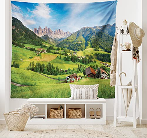 ABAKUHAUS Berg Wandteppich, Alpen im Frühling, Wohnzimmer Schlafzimmer Heim Seidiges Satin Wandteppich, 150 x 100 cm, Grün und Blau