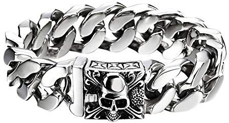 JewelryWe Totenkopf Armband Panzerkette Herren: Silber Groß Schwer Breit Kubanische Kette Biker Armband mit Fleur de Lis und Schädel Gothic Poliert Armkette Kettenarmband Punk Rock Schmuck für Männer