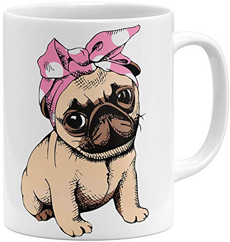 OM3® süße Mops Kaffee-Tasse mit Pug Motiv - Geschenkidee für Hundebesitzer - Keramik Becher - 325ml - Beidseitig Bedruckt - Weiss