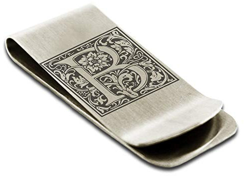 Geldklammer aus Edelstahl für Männer, Vater, Jungen, Freund, Vater, Blumenanfang, Briefkasten, Monogramm, Geldbörse, Bargeldkartenhalter, Grau-Blumen-B