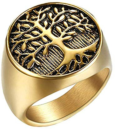PAMTIER Bague Arbre de Vie pour Hommes en Acier Inoxydable Or Noir Taille 54.5