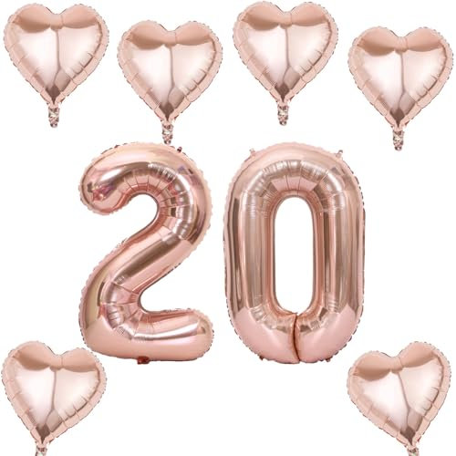 Roségold Zahlen Luftballon 20 +6 pcs herz Heliumballon 20. Geburtstag Deko für Frauen,40 Roségold Riesen Folienballon 20 für 20 Jahre Geburtstag deko, Helium Zahlenballon 20