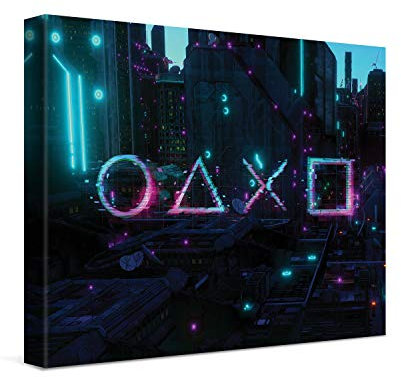 PICANOVA – Premium Leinwanddruck – Leinwandbild Cyberpunk City 40x30cm – Kunstdruck Auf 2cm Holz-Keilrahmen Für Schlaf- Und Wohnzimmer – Kollektion Gaming Console Gamepad Symbols