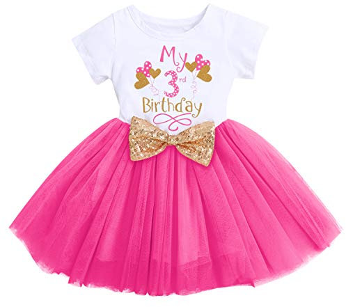 FYMNSI Vestito da bambina 1/2°/3° compleanno, in cotone, a maniche corte, tutu, abito da festa a trapezio e da principessa, rosa - palloncino 3 ° compleanno, 3 jaar