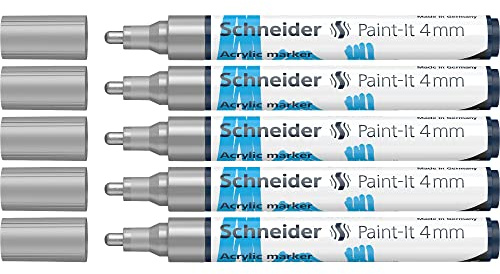 Schneider 120254 Paint-It Acrylstifte (mit 4 mm Rundspitze, hochdeckende Acrylfarben für Holz, Leinwand, Stein uvm.) 5er Pack, silber