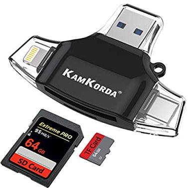KamKorda SD Card Reader | Micro SD Card Reader | USB Adapter - 5 in 1 Connections USB Lightning USBC and MicroUSB for iPhone iPad PC Laptop and Phone Devices