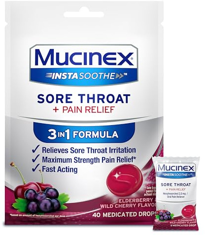 Mucinex Instasoothe Sore Throat Relief, Sore Throat Lozenges, Sore Throat Medicine with Hexylresorcinol, Cough Drops Alternative, 40 Elderberry & Wild Cherry Medicated Numbing Throat Drops