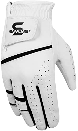 SAWANS Golfhandschuh Herren, langlebig, Premium-Leder, für Linke und rechte Hand, Allwetter-Griff, Golfhandschuhe, rutschfest, flexibel, Golfen (Weiß, XL, Rechts)
