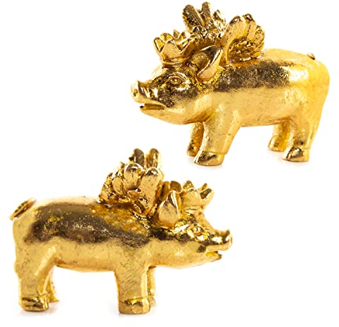Logbuch-Verlag 2 goldene Glücksschweinchen Silvester Neujahr kleines Geschenk Glücksbringer mit Engel Flügel Krone 6 x 4 cm schwer