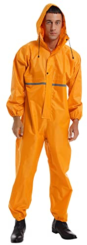 JEATHA Herren Regenoveral Wasserdichter Regenanzug Reflective Regenjacke mit Kapuze Jumpsuit Regenmantel Reißverschluss Arbeitsoverall Reinigungsoverall Gelb XL