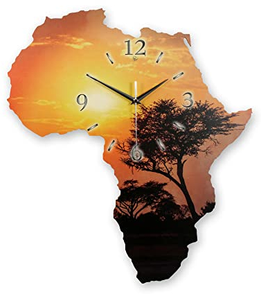 Kreative Feder Designer-Wanduhr „Afrika“ in Landkarten-Form mit Motiv - Größe ca. 50x45 cm geräuschlos analog (leises Quarzuhrwerk, Baum)