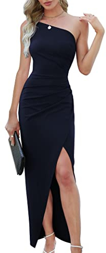 Sarin Mathews Womens One Shoulder Long Formal Dress Sexy Summer Sleeveless Bodycon Ruched Wrap Split Cocktail Dresses Navy L