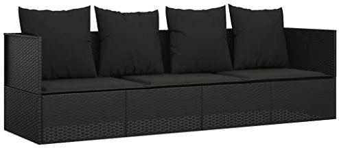 vidaXL Outdoor Loungebett, Verstellbar Gartensofa mit Kissen, Sonnenliege mit Stahlrahmen, Relaxliege Lounge Sofa, Schwarz Poly Rattan
