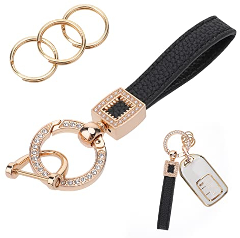 cobee Porte clés de voiture en cuir microfibre, porte clés universel Bling avec boucle anti perte en D, porte clés de voiture rotatif à 360 degrés avec 3 porte clés et barre de réparation (Noir)