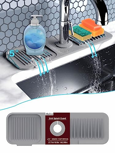 5°Slope Kitchen Sink Splash Guard Behind Faucet-Gray Silicone Faucet Handle drip Catcher tray-18inch mat for Sink Accessories with soap Dispenser Hole-Water Clear Gadgets Also Bathroom Organizer